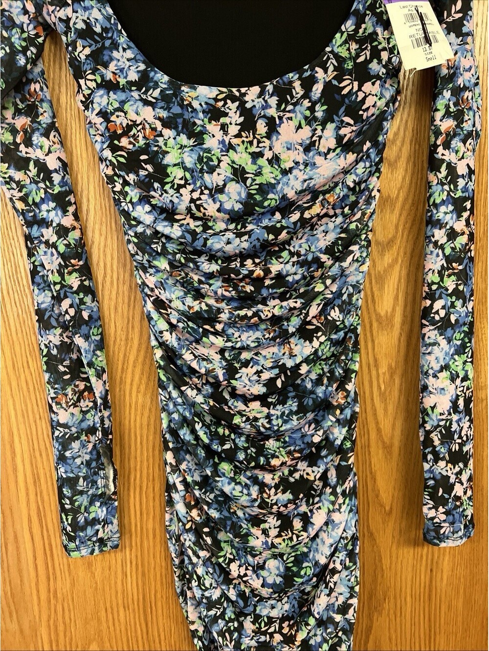 Afrm Women Leona Mini Dress Sz-S Blue Wild Flower Ruched Sides Long Sleeves
